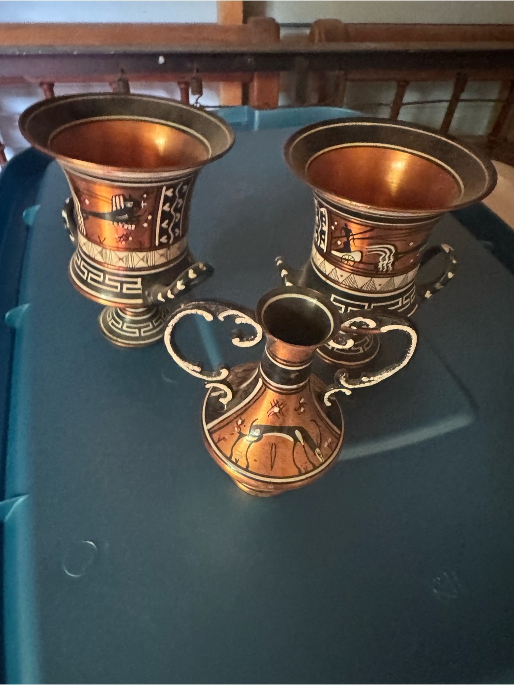 Vintage 3pc Handmade Greek Copper Set Vases & Amphora Pitcher, Hand Painted,